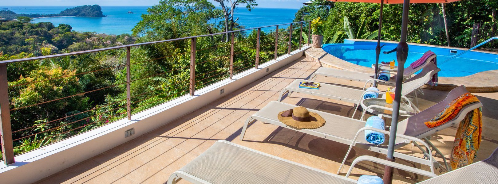 Watch the various wildlife that comes to play near the villa including monkeys, toucans, and scarlet macaws from the pool deck. Note the blue monkey bridge on the right. 