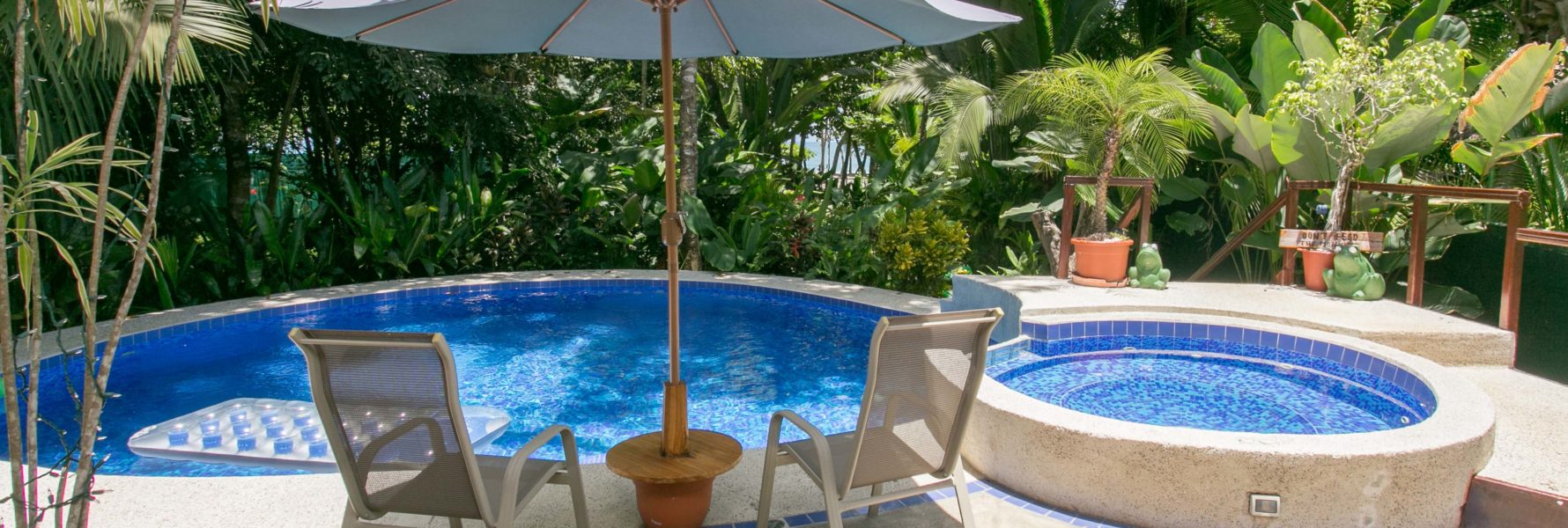 The private pool is surrounded by tropical plants with the beach just on the other side.