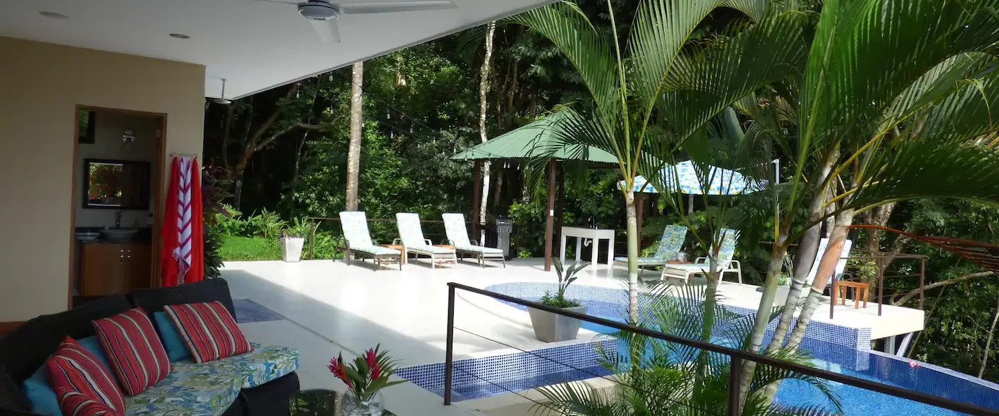 The pool area and sun deck are ideal for catching some tropical rays on your Manuel Antonio vacation.